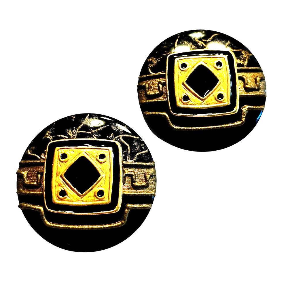 Vintage 1980’s pierced earrings chunky modern art Boho tribal chic black & gold
